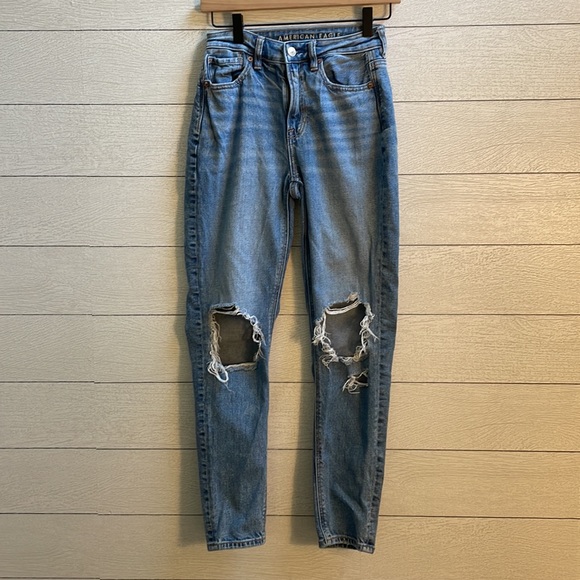 American Eagle AE Strigid Ripped Mom Jeans, Size 00, Blown Out Blue - Picture 9 of 11